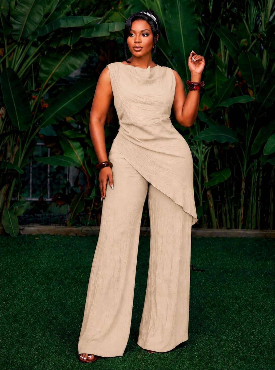 Asymmetric Draped Wide-Leg 2 Piece Fancy Outfit