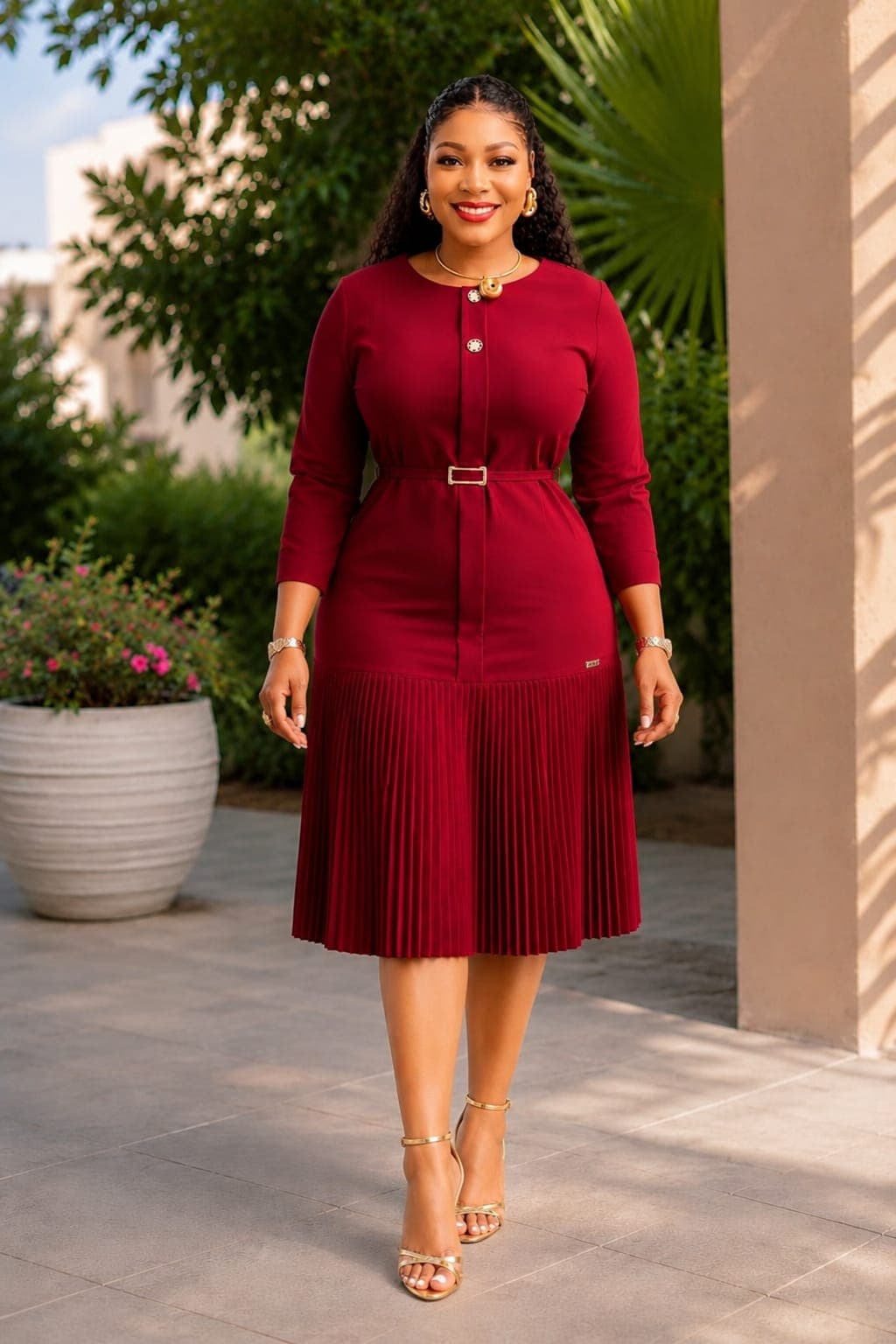 Gold Button Belted Pleated Midi Dress